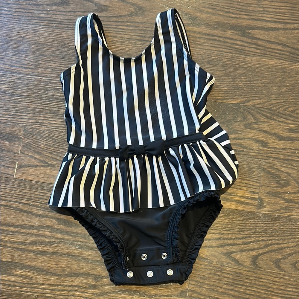 Ruffle Butts Black and White Striped Kids Swim One Piece